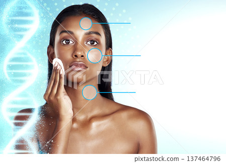 Skincare, science and cotton on woman face in studio with dna, genetics or checklist overlay on technology background. Beauty, facial and portrait of model with innovation, swab or cosmetic cleaning Skincare, science and cotton on woman face in studio with dna, genetics or checklist overlay on technology background. Beauty, facial and portrait of model with innovation, swab or cosmetic cleaning 137464796