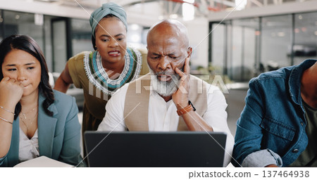 Business people, laptop and team confused with sad news, marketing mistake and social media disaster or risk. Manager, editor and group of employees reading on computer for copywriting error or fail Business people, laptop and team confused with sad news, marketing mistake and social media disaster or risk. Manager, editor and group of employees reading on computer for copywriting error or fail 137464938