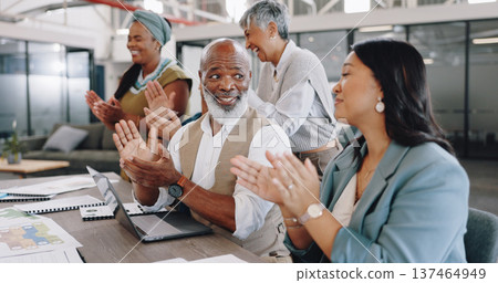 Business people, meeting or staff with applause, achievement and cooperation in an office. Group, teamwork and coworkers clapping, conference and workshop with a laptop, cooperation or celebration Business people, meeting or staff with applause, achievement and cooperation in an office. Group, teamwork and coworkers clapping, conference and workshop with a laptop, cooperation or celebration 137464949