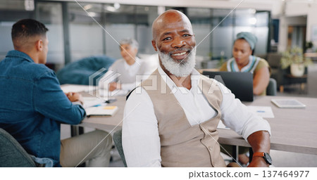 Leadership, meeting and portrait of mature black man in office with corporate business people. Strategy, planning and collaboration, smile of businessman in conference room for professional workshop. Leadership, meeting and portrait of mature black man in office with corporate business people. Strategy, planning and collaboration, smile of businessman in conference room for professional workshop. 137464977