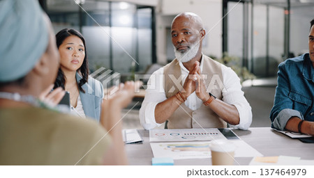 Senior black man, boss or meeting with business people in collaboration for project planning in office. Team discussion, employees or African CEO with paperwork listening to ideas or feedback review Senior black man, boss or meeting with business people in collaboration for project planning in office. Team discussion, employees or African CEO with paperwork listening to ideas or feedback review 137464979