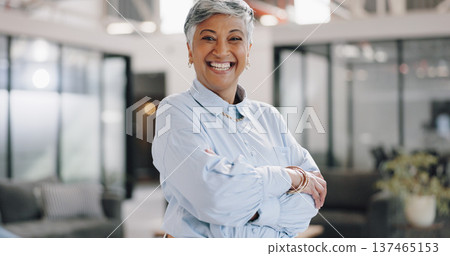 Portrait, corporate and senior woman with arms crossed, smile and professional in a workplace, career and executive consultant. Face, person or entrepreneur with a small business, employee or ceo Portrait, corporate and senior woman with arms crossed, smile and professional in a workplace, career and executive consultant. Face, person or entrepreneur with a small business, employee or ceo 137465153