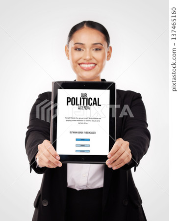Human rights, lawyer and portrait of woman with paper with politics, agenda and information on our vision for society or government. Political, ambassador and person with event schedule on tablet Human rights, lawyer and portrait of woman with paper with politics, agenda and information on our vision for society or government. Political, ambassador and person with event schedule on tablet 137465160