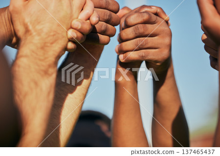 Closeup, teamwork and people holding hands, community and support with cooperation. Diversity, group and friends with activity, strong together and empowerment with union, human and collaboration Closeup, teamwork and people holding hands, community and support with cooperation. Diversity, group and friends with activity, strong together and empowerment with union, human and collaboration 137465437