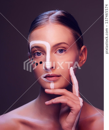 Art, makeup and portrait of woman in studio with creative, beauty and abstract face aesthetic. Cosmetic, artistic and headshot of young female model from Canada with facial paint by black background. 137465574