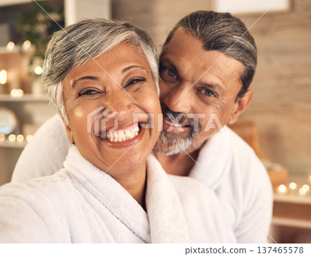 Selfie, portrait and love with old couple in spa for anniversary, celebration and social media. Relax, massage and profile picture with senior man and woman in villa for luxury, vacation and peace Selfie, portrait and love with old couple in spa for anniversary, celebration and social media. Relax, massage and profile picture with senior man and woman in villa for luxury, vacation and peace 137465578