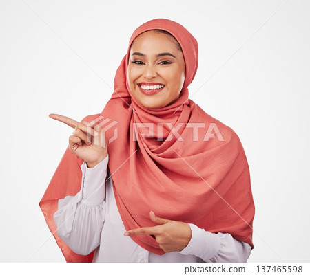 Muslim, woman and pointing, advertising and presentation with smile in portrait isolated on white background. Business employee in hijab, communication and opportunity, multimedia and offer in studio Muslim, woman and pointing, advertising and presentation with smile in portrait isolated on white background. Business employee in hijab, communication and opportunity, multimedia and offer in studio 137465598