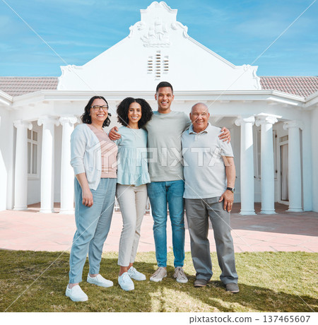 Smile, new home and portrait of generations of family standing outdoor of their property or real estate. Happy, love and young man and woman homeowners with their senior parents by a modern house. Smile, new home and portrait of generations of family standing outdoor of their property or real estate. Happy, love and young man and woman homeowners with their senior parents by a modern house. 137465607