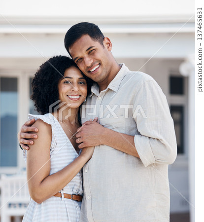 Couple, man and woman smile and hug outdoor in portrait, care and bond with support in marriage for young homeowners. Life partner, people and holding hands outside a house for happiness and trust Couple, man and woman smile and hug outdoor in portrait, care and bond with support in marriage for young homeowners. Life partner, people and holding hands outside a house for happiness and trust 137465631