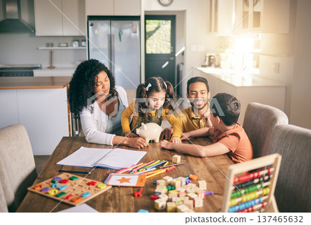 Homework, parents and children with education, talking and studying with knowledge in a living room. Family, mother and father with kids, students and elearning with conversation studying or activity 137465632