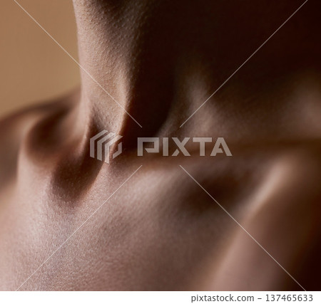 Skincare, beauty and closeup with neck of person in studio for health, textures and cosmetics. Wellness, body and aesthetic with zoom of woman on brown background for glow dermatology and glamour Skincare, beauty and closeup with neck of person in studio for health, textures and cosmetics. Wellness, body and aesthetic with zoom of woman on brown background for glow dermatology and glamour 137465633