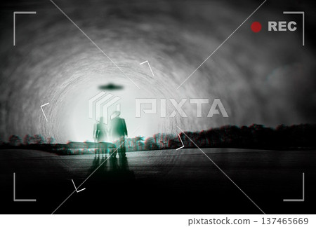 Alien, spaceship and people recording with UFO in sky in nature for fantasy, science fiction and space mission. Extraterrestrial, travel and silhouette in forest for abduction conspiracy on camcorder Alien, spaceship and people recording with UFO in sky in nature for fantasy, science fiction and space mission. Extraterrestrial, travel and silhouette in forest for abduction conspiracy on camcorder 137465669