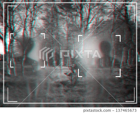 Alien, extraterrestrial and viewfinder on a camera display to record a living organism in area 51. Camcorder, sighting and conspiracy with a life form on a recording screen outdoor in the forest 137465673