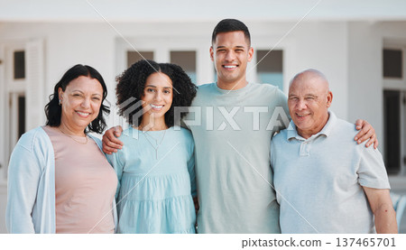 Happy, property and portrait of generations of family standing outdoor of their new home or real estate. Smile, love and young man and woman homeowners with their senior parents by a modern house. 137465701