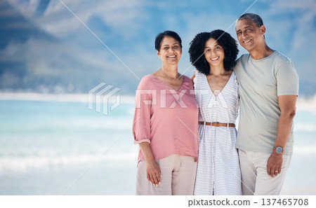 Beach, senior parents and daughter in beach together with smile, love and hug on summer holiday in Mexico. Embrace, happy family and mature mom, dad and woman on ocean holiday travel with mockup. Beach, senior parents and daughter in beach together with smile, love and hug on summer holiday in Mexico. Embrace, happy family and mature mom, dad and woman on ocean holiday travel with mockup. 137465708