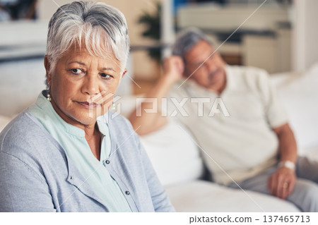 Frustrated senior couple, fight and divorce in conflict, argument or disagreement on living room sofa at home. Unhappy woman and man in cheating affair, toxic relationship or breakup dispute in house 137465713