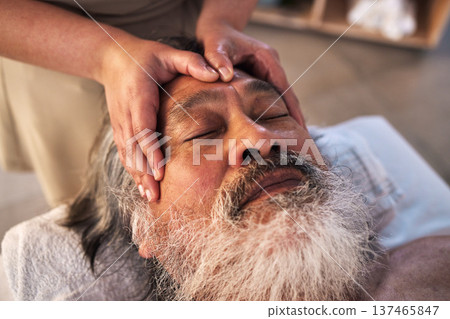 Relax, head massage and senior with man in spa for wellness, facial treatment and hospitality. Peace, cosmetics and salon with customer and masseuse in hotel for health, vacation and luxury skincare Relax, head massage and senior with man in spa for wellness, facial treatment and hospitality. Peace, cosmetics and salon with customer and masseuse in hotel for health, vacation and luxury skincare 137465847