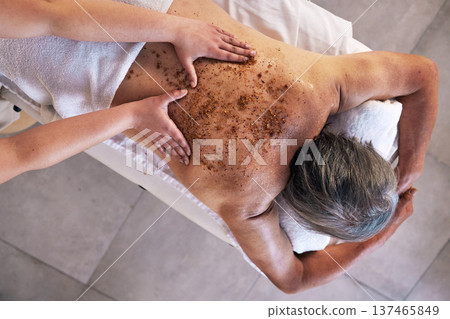 Body, massage and senior with man in spa for wellness, treatment or hospitality. Peace, skin care and salon with customer and masseuse hands for health, back scrub or luxury exfoliate from above Body, massage and senior with man in spa for wellness, treatment or hospitality. Peace, skin care and salon with customer and masseuse hands for health, back scrub or luxury exfoliate from above 137465849