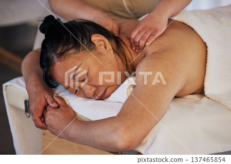 Health, massage and senior with woman in spa for wellness, body treatment and hospitality. Peace, cosmetics and holistic with customer and masseuse hands in hotel for relax, vacation and beauty salon 137465854