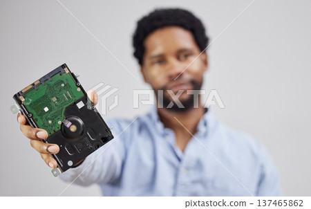 Motherboard in hand, black man and computer hardware, and technician with maintenance and electronics upgrade. Closeup, circuit board and CPU, engineering and electric repair with technology 137465862