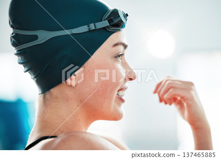Woman, swimming sport and thinking of fitness with a smile for workout, competition and stretching. Profile of athlete person or swimmer to start training, exercise or performance and challenge 137465885