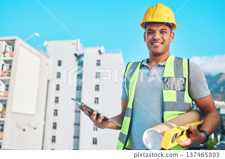 Architect equipment, tablet and portrait of happy man, contractor or constructor with construction site floor plan. Civil engineering, city job and engineer smile for architecture project management 137465893