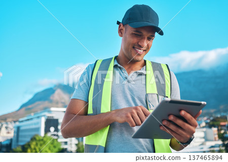 City, tablet and typing contractor, happy man and reading online floor plan, construction site review or digital blueprint. Project manager, expert or safety inspector planning property development City, tablet and typing contractor, happy man and reading online floor plan, construction site review or digital blueprint. Project manager, expert or safety inspector planning property development 137465894