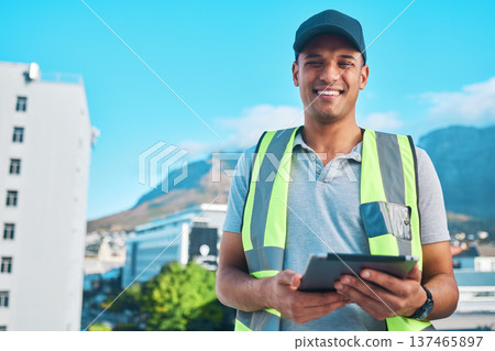Digital blueprint, portrait and happy man, contractor and smile for online floor plan, construction site design or architecture sketch. City project manager, tech or constructor for civil engineering Digital blueprint, portrait and happy man, contractor and smile for online floor plan, construction site design or architecture sketch. City project manager, tech or constructor for civil engineering 137465897