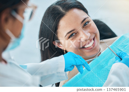 Woman, face and teeth whitening, dentist and dental with health, smile in portrait during procedure and treatment. Trust, help and metal tools with doctor, orthodontics and oral care for veneers 137465901
