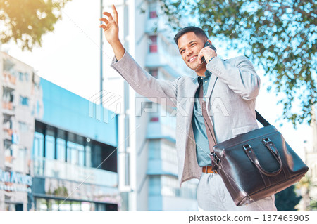 Phone call, taxi and business man in city wave for cab service, journey and transportation in street. Travel, communication and person in town talking on smartphone for morning commute to meeting 137465905