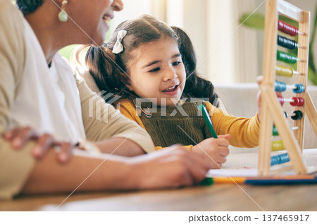 Home, education and girl child with grandmother, abacus and smile for counting, project and kindergarten lesson. Learning, math and kid with grandma in living room with love, support and study help Home, education and girl child with grandmother, abacus and smile for counting, project and kindergarten lesson. Learning, math and kid with grandma in living room with love, support and study help 137465917