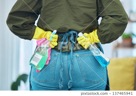 Back, hands and cleaning with a professional housekeeper in the living room of a home for hygiene. Product, supplies and service with a cleaner in an apartment for housekeeping or responsibility Back, hands and cleaning with a professional housekeeper in the living room of a home for hygiene. Product, supplies and service with a cleaner in an apartment for housekeeping or responsibility 137465941