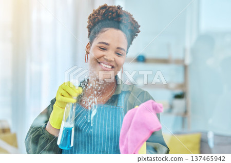 African woman, cleaning window with chemical spray and cloth, smile for hygiene and housekeeping or hospitality. Cleaner, liquid detergent and disinfectant, service or maintenance with labor and foam African woman, cleaning window with chemical spray and cloth, smile for hygiene and housekeeping or hospitality. Cleaner, liquid detergent and disinfectant, service or maintenance with labor and foam 137465942