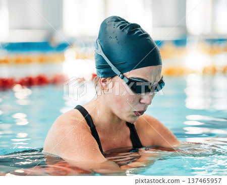 Woman, swimming pool and sports goggles and break with fitness for competition, race or challenge. Profile of athlete person or professional swimmer breathing exercise for training or performance 137465957