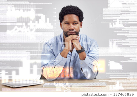 Black man, portrait and dashboard, coding and hologram, cybersecurity, information technology and software overlay. Malware, analytics and programming with ransomware, code and computer system update Black man, portrait and dashboard, coding and hologram, cybersecurity, information technology and software overlay. Malware, analytics and programming with ransomware, code and computer system update 137465959