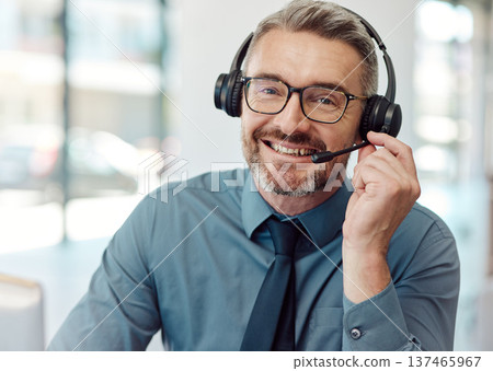 Senior, happy man and portrait of call center agent with headphones in customer service or telemarketing at office. Mature businessman or consultant smile in online advice, help or contact us at desk Senior, happy man and portrait of call center agent with headphones in customer service or telemarketing at office. Mature businessman or consultant smile in online advice, help or contact us at desk 137465967