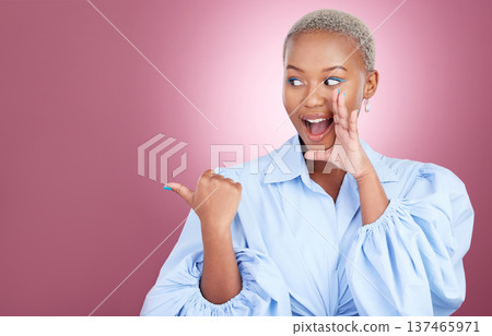 Pointing, secret and a woman in studio for surprise advertising, marketing or announcement. Happy face of an excited African person on a pink background with hand for choice, gossip or mockup space Pointing, secret and a woman in studio for surprise advertising, marketing or announcement. Happy face of an excited African person on a pink background with hand for choice, gossip or mockup space 137465971
