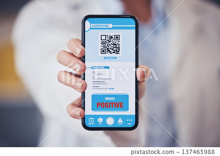 Hand, healthcare and qr code on a phone screen for positive diagnosis of the monkeypox virus. Medical, app and test results on a mobile display in a clinic or pharmacy for feedback on a disease 137465988