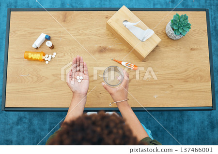 Top view, pills and water in hands with healthcare, supplements or vitamins with wellness and recovery. Pharmaceutical drugs, health and prescription medicine, sick person with antibiotics at home 137466001