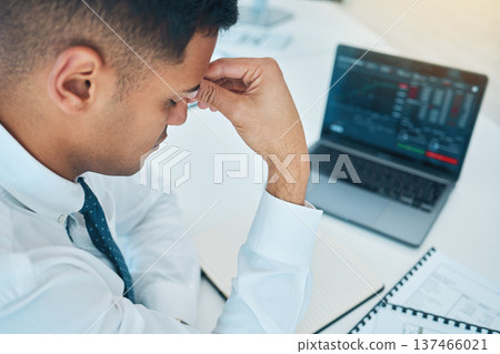 Business man, headache and laptop of stock market crash, bankruptcy and financial mistake, error or wrong statistics. Sad, stress or fatigue trader on computer screen, data or trading with depression Business man, headache and laptop of stock market crash, bankruptcy and financial mistake, error or wrong statistics. Sad, stress or fatigue trader on computer screen, data or trading with depression 137466021