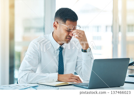 Business man, headache and stress on laptop for financial mistake, accounting error or results and pain. Professional person with glasses, tired and fatigue on computer for research and job report Business man, headache and stress on laptop for financial mistake, accounting error or results and pain. Professional person with glasses, tired and fatigue on computer for research and job report 137466023