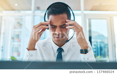 Man, call center and consultant headache, stress or pain in communication fail, customer service mistake or business fatigue. Tired agent or sales person with anxiety or depression on office computer Man, call center and consultant headache, stress or pain in communication fail, customer service mistake or business fatigue. Tired agent or sales person with anxiety or depression on office computer 137466024