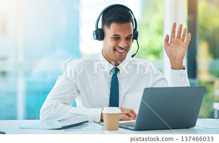 Call center, laptop and man wave in video in customer service, support or help desk office. Happy, hello and sales agent in webinar communication, consulting and telemarketing in online conference Call center, laptop and man wave in video in customer service, support or help desk office. Happy, hello and sales agent in webinar communication, consulting and telemarketing in online conference 137466033