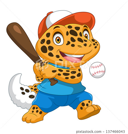 Cute gecko lizard cartoon hitting a baseball Cute gecko lizard cartoon hitting a baseball 137466043