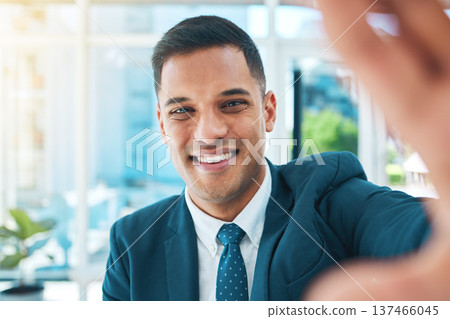 Businessman, selfie in office and smile on face, confident lawyer with profile picture for social media. Photography, business and happy man at law firm, corporate attorney with pride in legal career 137466045