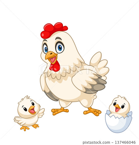 Cartoon of a hen playing with her newborn chicks 137466046