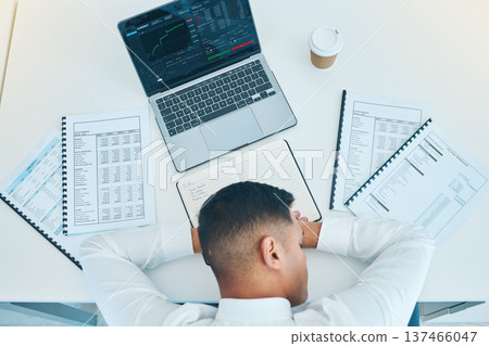 Business man, sleep on desk with trader, laptop and stock market, paperwork with statistics information and fatigue. Insomnia, overworked and burnout, data analysis and top with finance and analytics Business man, sleep on desk with trader, laptop and stock market, paperwork with statistics information and fatigue. Insomnia, overworked and burnout, data analysis and top with finance and analytics 137466047