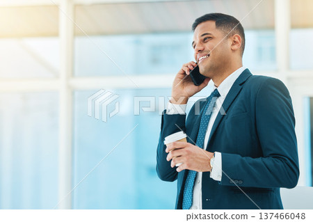 Phone call, talking and business man in office for online chat, networking and discussion. Corporate worker, coffee break and happy person on smartphone speak for planning, schedule and communication 137466048