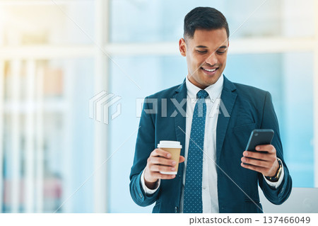 Cellphone, coffee and business man in office online for social media, networking and typing emails. Corporate worker, professional and person with tea on phone for internet, website and mobile app Cellphone, coffee and business man in office online for social media, networking and typing emails. Corporate worker, professional and person with tea on phone for internet, website and mobile app 137466049