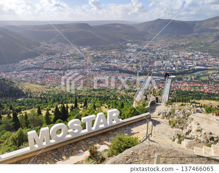 Panoramic view of Mostar from mountain viewpoint 137466065